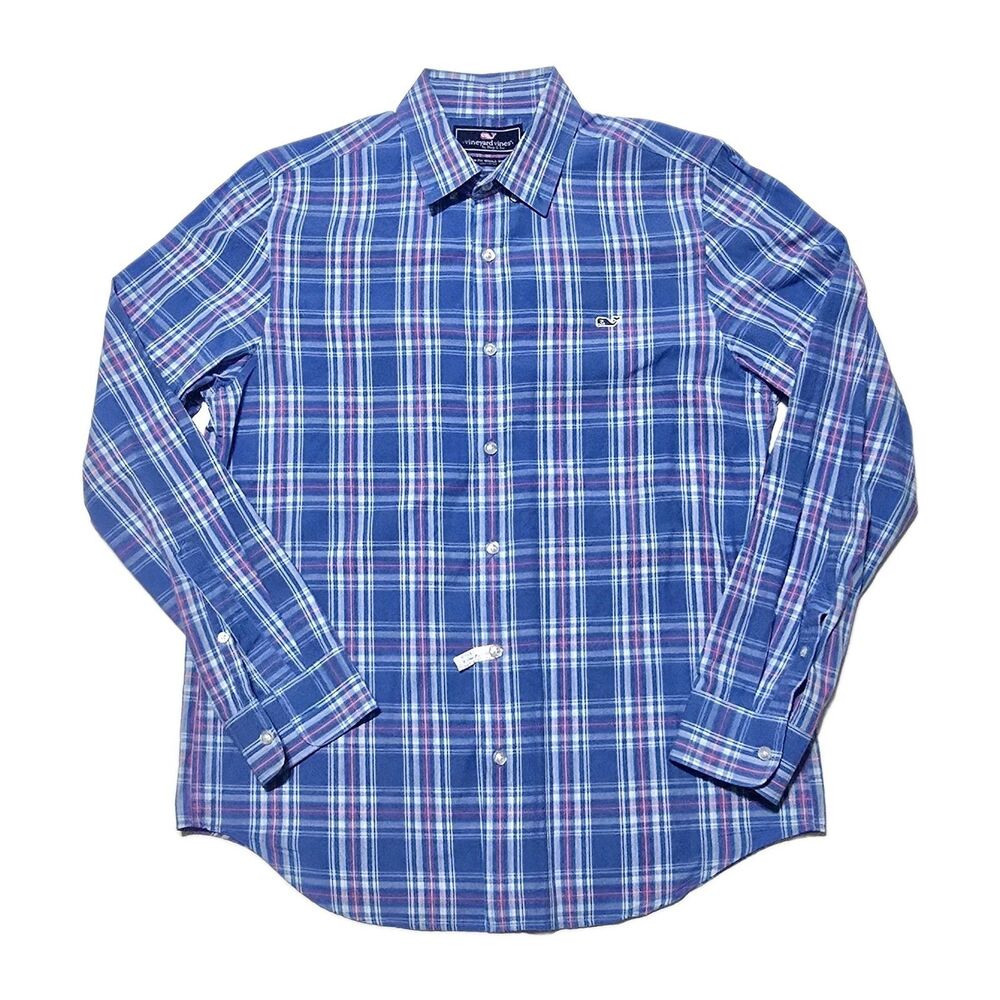 Vineyard Vines Men's Medium Blue & Pink Plaid Slim Fit Whale Button-Down Shirt